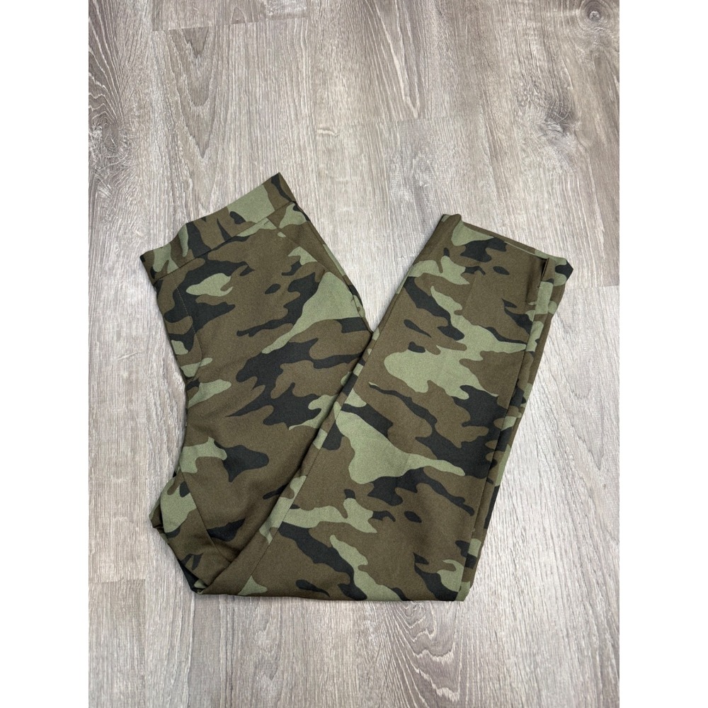 Green Camo Print Tapered Leg Trousers Elastic Back Waist Ankle Slit Pants